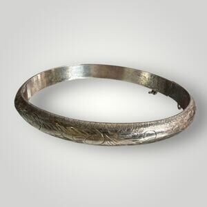 Vintage Sterling Silver 925 Etched Hinged Bangle Bracelet 7,5 ” 8.1g